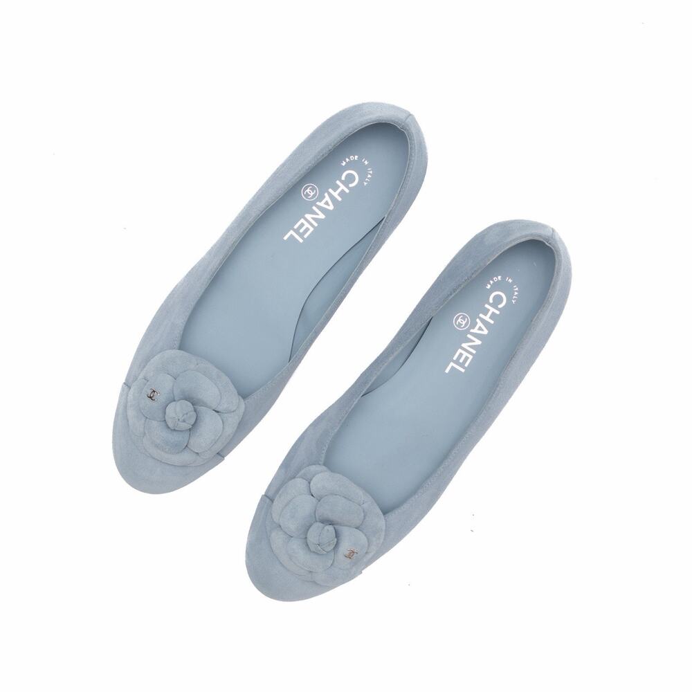 CHANEL 24P Suede Interlocking CC Camellia Cap Ballet Flats Blue Size 39 US 9 - Picture 2 of 16